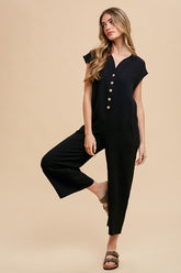 Annie Wear Women's Button Detail Wide Leg Jumpsuit with Pockets - 100% Cotton, Trendy and Comfortable